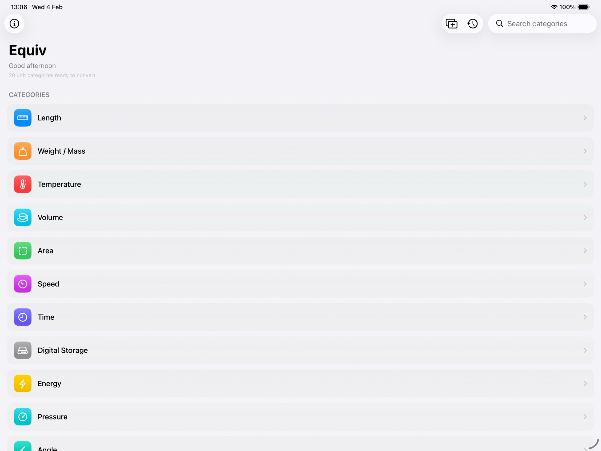 iPad category list showing all 20 unit categories