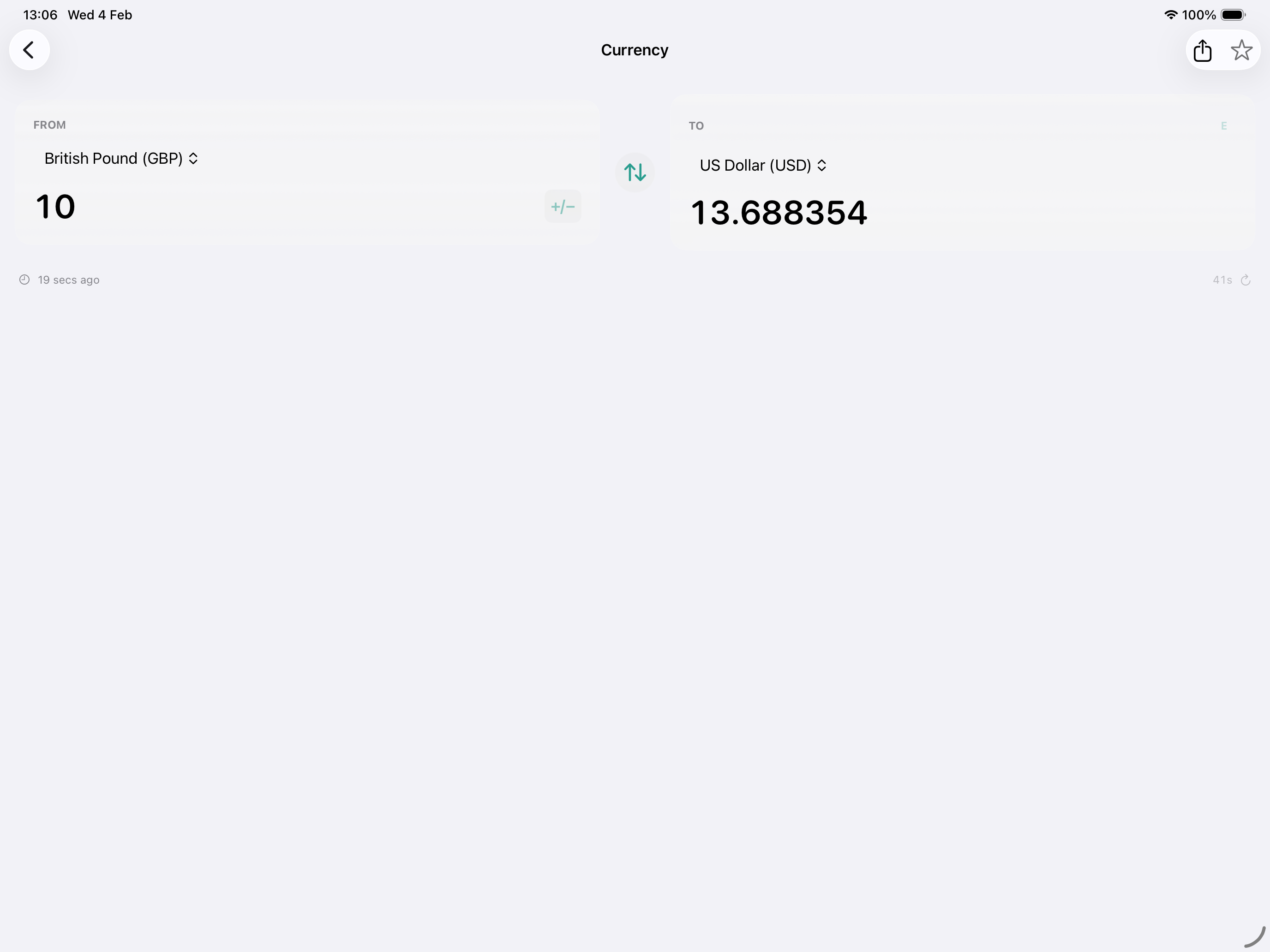 iPad currency converter in landscape layout