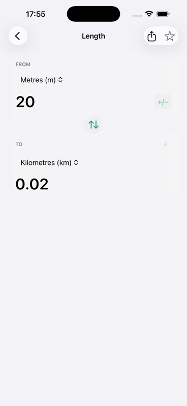 Length converter showing 20 metres to 0.02 kilometres