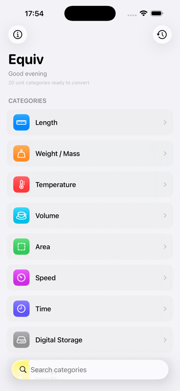 Category list showing 20 unit categories